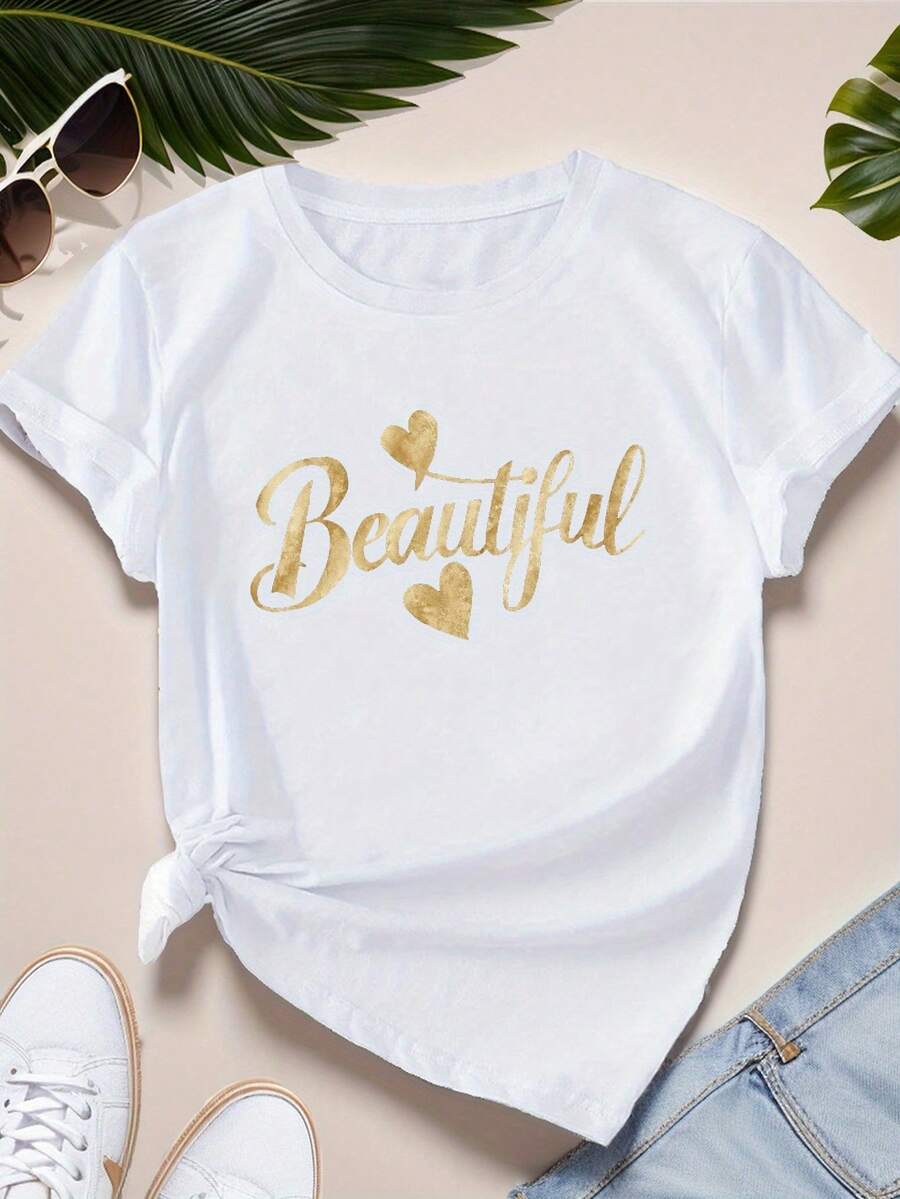 Beautiful Lettering Women's Plus Size Sports Short Sleeve T Shirt - 白色 - 查看 1