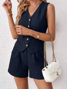 PRETTYGARDEN Women's Summer Clothes Tanktop 2 Piece Sets Outfits Sleeveless Matching  Button Down V Neck Vest Waistcoat And Pockets Going Out Short Sets Vacation - 藏蓝色 - 查看 5