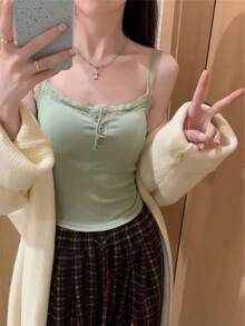 性感風蕾絲細肩帶背心女款 夏季內搭外穿修身短版露背上衣 休閒款 - 綠色 - 查看 3