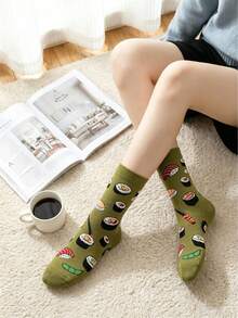 1 Pair Women's Sushi Pattern Mid-Calf Socks, Autumn/Winter Style - Olive Green - View 3