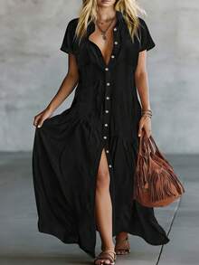 Gaun Maxi Wanita Lengan Pendek Berkerah Warna Hitam Polos, Kancing Depan & Desain Saku, Hem Berumbai Berlapis, Gaun Panjang Kasual Longgar dan Mengalir - Hitam - View 4