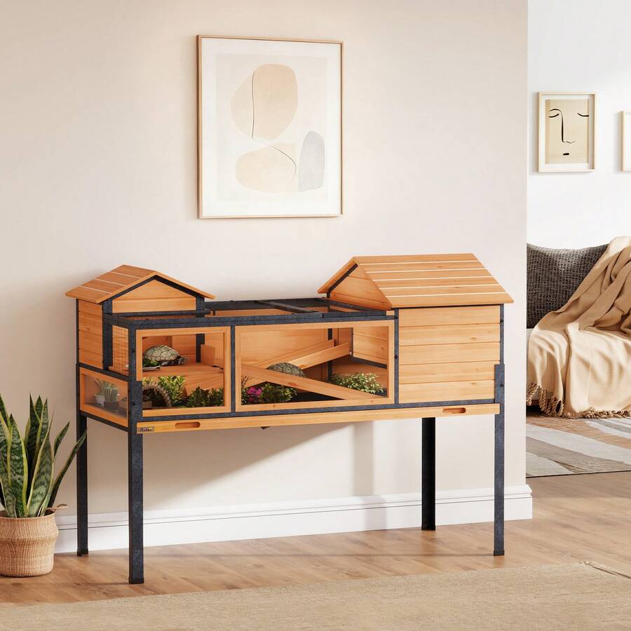 PawHut Tortoise House With 2 Rooms, Wooden Reptile Enclosure Habitat With Clear Windows, Ramps, Openable Top, Built-In Tray, With Stand Legs For Indoor Use, Yellow - M - View 1