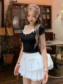 2026 Summer New Sweet Solid Color 3D Floral Hollow Sexy Knit Short Sleeve Top, Girly Ruffled Hem Cropped Cardigan Black - Black - View 7