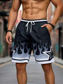 Men's Summer Sports Basketball Shorts, Drawstring Elastic Mesh Quick-Dry Knee-Length Shorts Black - Black - View 5