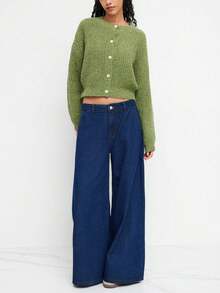 Vuslat Women's Autumn/Winter Green Minimalist Round Neck Button Long Sleeve Sweater Basic Solid Color Cardigan, Shopping Outing Commuting Afternoon Tea Christmas Party - Green - View 9