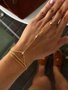 New Minimalist Rhinestone Finger Chain Bracelet For Women, Niche Fashion Floral Bracelet, Party Banquet Jewelry, Bracelet, Gold Jewelry - Multicolor - View 9