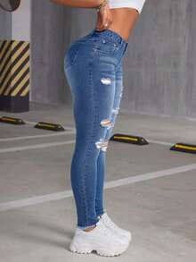 Y2K Deep Blue Washed Multi-Layer Distressed Ripped High Waist Stretch Ankle-Length Skinny Jeans For Women, Pear-Shaped Retro Slim Pencil Pants Casual - Medium Blue - View 3