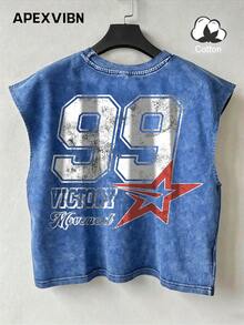 Amerikanisches Vintage-Rennstil Distressed Washed Baumwolle Ärmelloses Tanktop, Buchstaben & Zahlen Muster Lockerer Schnitt Camisole Vielseitiges Tanktop - Blau - Übersicht 2