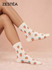 1 par de calcetines de media caña con estampado de fresas blancas, unisex, patrón de fruta lindo, calcetines de media caña de poliéster, transpirables y absorbentes de sudor, calcetines casuales novedosos - Multicolor - Ver 3