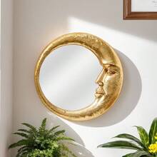 Face Crescent Moon Round Decorative Wall Mirror, Creative Background Wall Decor Home Art Hanging Ornament, Creative Makeup Mirror - Multicolor - View 3
