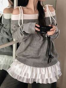 Korean Style Versatile Casual Slimming Square Neck Long Sleeve Top - Grey - View 5