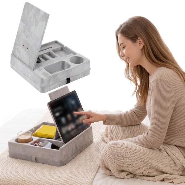 Adjustable Tablet Pillow Stand, Suitable For Bed And Sofa, 30° 45° 60° Plush Lap Desk With Cup Holder, Phone Slot, Snack Storage And 2 Pen Slots, Soft Tablet Holder, Suitable For IPad, Kindle, Phone, Books And Switch, Gray