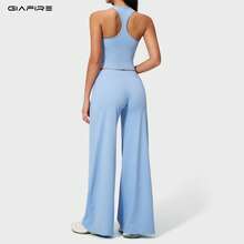 性感女款高彈力兩件套,圓領短版背心搭配飄逸寬腿長褲,時尚套裝 - 天藍色 - 查看 4