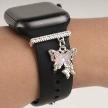 1pc Sparkly Rhinestone Double Butterfly Watch Band Charm Decor Ring Compatible With Apple Watch Silicone Strap Accessories For Women Girls - Silver - View 1