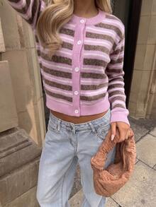 Women's Pink Striped Button-Front Long Sleeve Cardigan - Pink - View 8