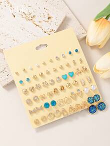 30 Pasang Anting-Anting Minimalis Geometris Multi-Elemen dengan Hiasan Hati, Pita, Bunga, dan Mutiara Imitasi, Anting Tusuk Halus untuk Pemakaian Sehari-hari Kasual - MultiWarna - View 7