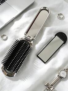 1pc Foldable Air Cushion Massage Comb, Electroplated Silver Color, Personalized Letter A-Z, Pink Bow, Star Pattern, Compact Portable Pocket Comb, Bag Comb, Women's Hair Styling Comb, Suitable As Gift - Silver - View 4