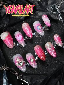 10片杏仁形穿戴甲，漸層紅粉色，3D元素、亮片星星、愛心、飾件、蝴蝶結，日系全包假指甲套組，適合女性與女孩日常配戴、派對、節日、婚禮、夏季美甲禮物 - 玫紅色 - 查看 4