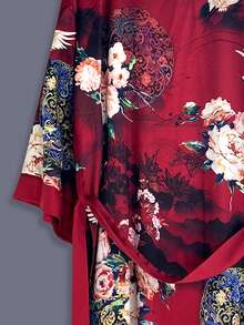 緞面上衣 3/4袖 鶴花卉復古創意印花 日式和服罩衫 海灘旅行優雅休閒度假女款 陽光紅 - 紅色 - 查看 3