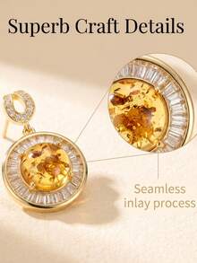 Brincos Elegantes e Delicados de Prata Esterlina 925 com Âmbar Banhado a Ouro e Zircônia Cintilante, Adequados para Uso Diário, Feriados, Festas e Presentes - Dourado - Visão 3