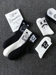 5雙/10雙/20雙 中性塗鴉字母惡魔笑臉中筒襪 籃球運動襪 情侶襪 適合日常穿著與運動 - 彩色 - 查看 5