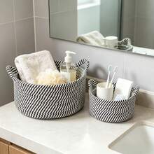 1pc/3pcs Handmade Woven Cat Design Rope Storage Basket, Cat Ear Decor Woven Desktop Storage Basket, Suitable For Living Room, Bedroom, Desktop, Bedside, Bathroom, Dorm, Home Atmosphere Decor, Modern Bohemian Rope Hanging Basket, Natural Mixed Rattan Decor, Perfect For Back To School Season - Black and White - View 10