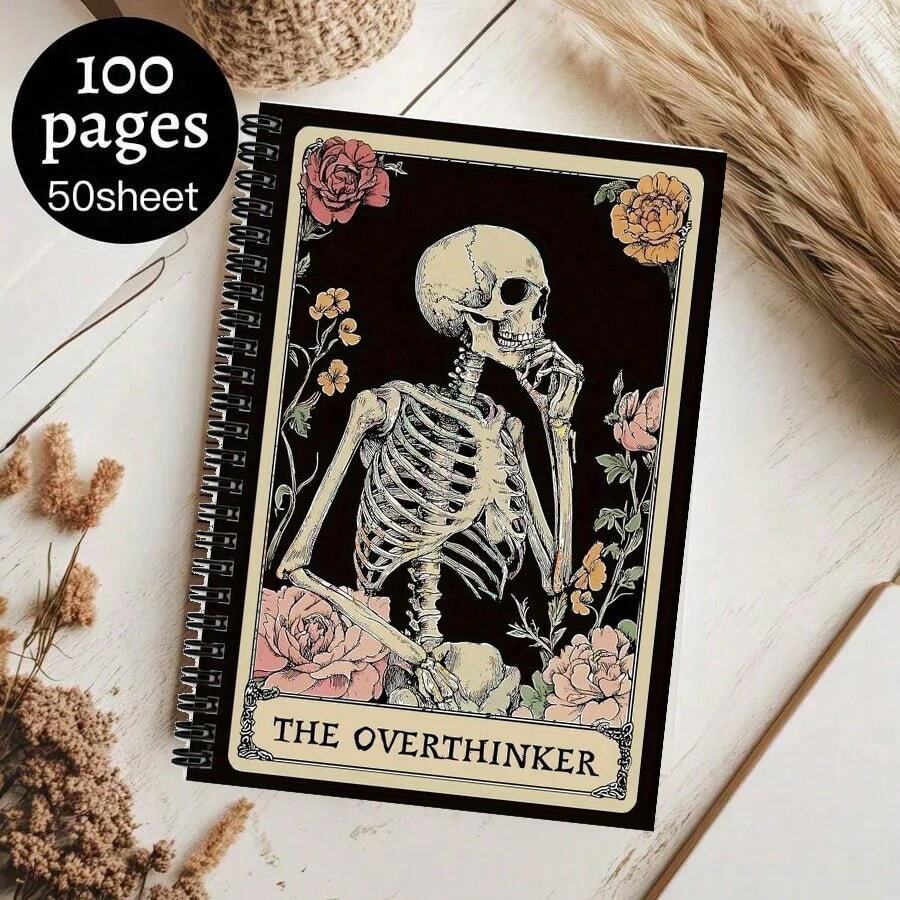 Gothic Style "Overthinker" Spiral Notebook, Gothic Journal, And "Overthinker" Skull Flower Notebook, Suitable As Gifts For Men And Women, Gothic Style School And Office Supplies School Supplies - B - View 1