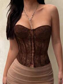 Apperloth A Y2K 花卉刺繡 Bustier 半透網紗前扣式開襟 後背綁帶露背塑形抹胸上衣 夏季款 - 咖啡 - 查看 8