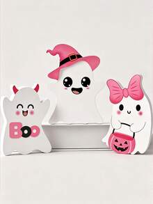 3pcs Cute Halloween Ghost PVC Desktop Decor, Pink Kawaii Ghost Ornament With Witch Hat, Pumpkin Bucket And Bow, Halloween Desktop Decoration, Spooky Holiday Home Decor, Shelf Display, Tiered Tray Decoration, Indoor Party Decor, Cute Halloween Gift Room Decor Halloween Decor - A - View 7