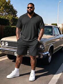 Plus Size Solid Color Men's Summer Short Sleeve Polo 2 Pieces Set, Men's Plus Size Outfit - Black - View 6
