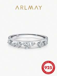 1pc 925 Sterling Silver Simple Double Layer Line Shining Round Clear Zirconia Finger Rings For Women Fine Jewelry - Silver - View 2