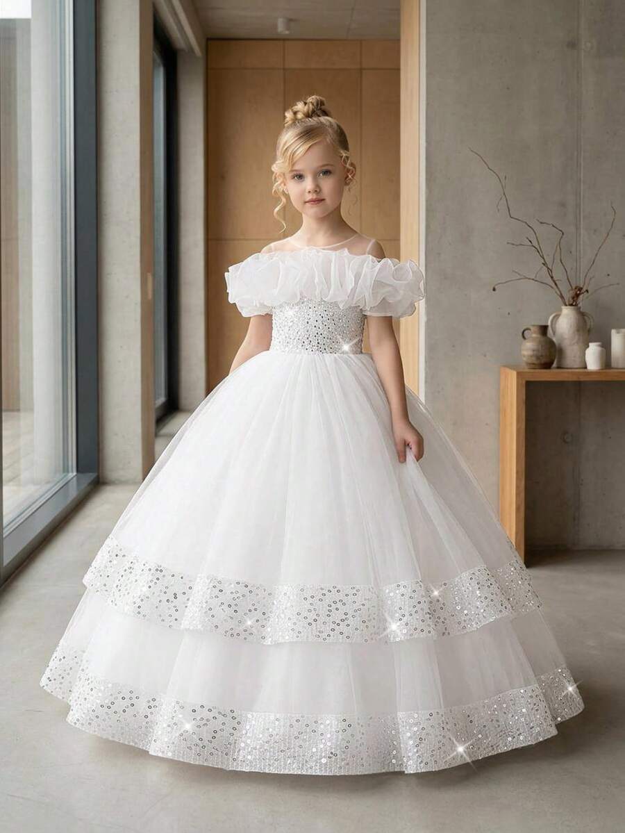 Tween Girls Sleeveless Pleated Organza Sequin Mesh Long Birthday Flower Girl Dress, Suitable For Graduation Prom, Headband Not Included - White - View 1
