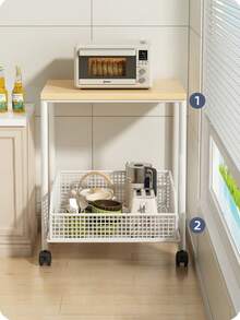 1 Piece Sturdy Wooden & Metal Microwave Oven Rack With Drawer - Space-Saving Countertop Storage Shelf For Dishes, Appliances, Spices, No Electricity Needed, Fashionable Design, Kitchen Organizer With Drawer And Metal Basket - Multicolor - View 11
