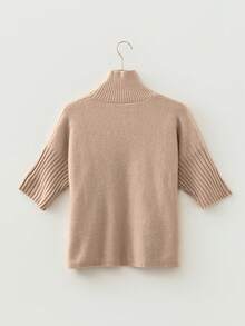 Acelitt Women's Casual Beige Solid Color High Neck Ribbed Cuff Mid-Sleeve Knit Sweater, Suitable For Spring And Autumn Summer - Beige - View 5