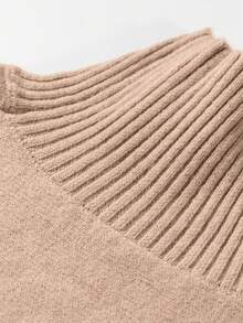 Acelitt Women's Casual Beige Solid Color High Neck Ribbed Cuff Mid-Sleeve Knit Sweater, Suitable For Spring And Autumn Summer - Beige - View 6