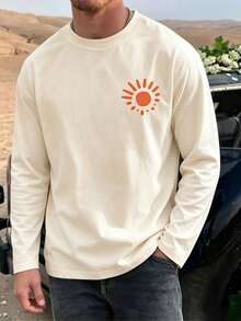 Vintage Outdoor Camping Style Mountain Road Graphic Print Long Sleeve T-Shirt, Men's American Casual Loose Fit Versatile Inner Layer Outerwear Top - Apricot - View 2