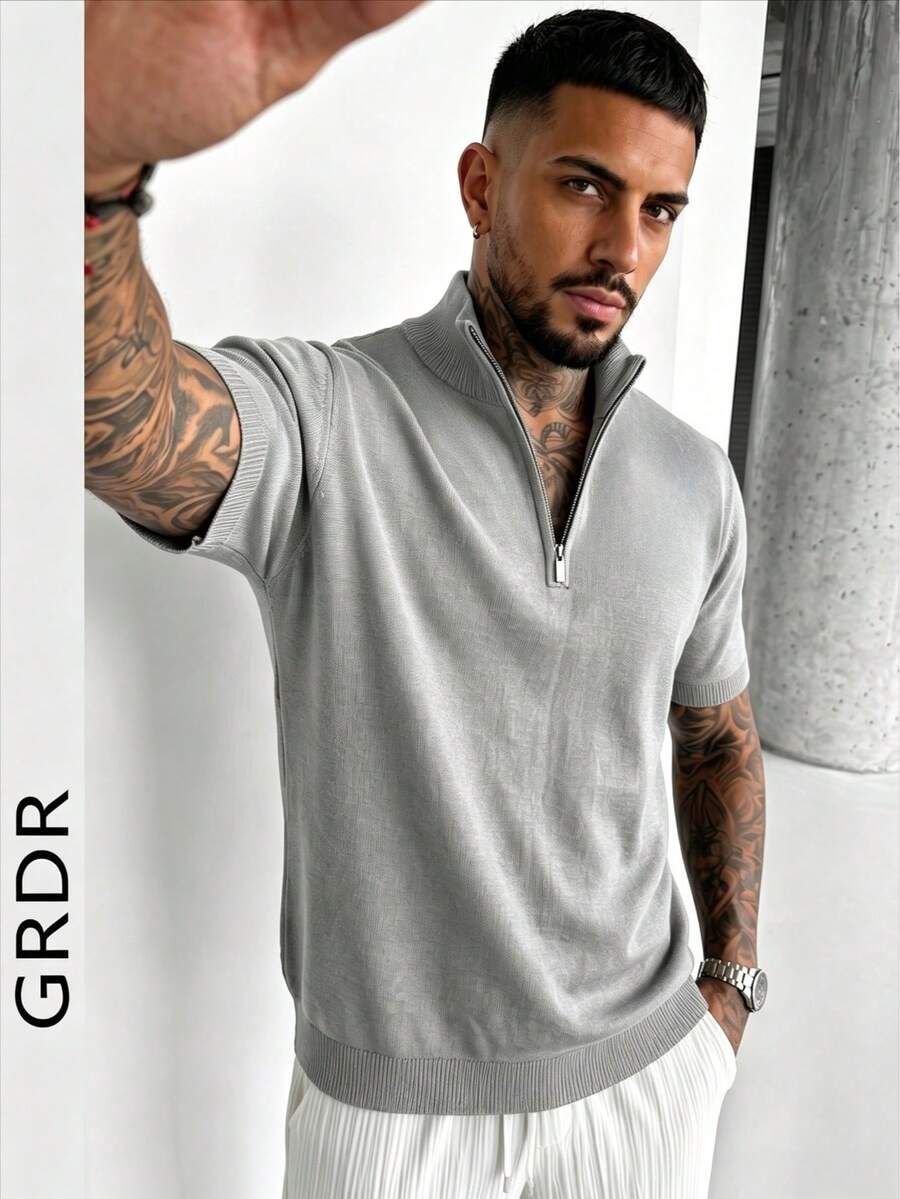 GRDR Men's Summer Half-Zip Solid Color Short Sleeve Knit Sweater, Suitable For Summer Outings, Essential For Fashionable Styling