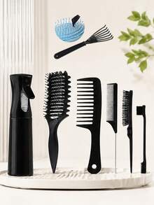 7件組專業美髮造型工具組 噴霧瓶 梳結梳 梳子組 頭皮按摩美髮工具 適用沙龍與居家使用 中性款 - 黑色美髮套裝 - 查看 3