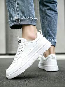 Men's Wide Fit All-Season Breathable Versatile Anti-Slip Anti-Odor Thick Sole Pure White Plus Size Skate Shoes Outdoor Casual Low-Top Lace-Up Oversized Athletic Sneakers, Recommended To Order One Size Up - White - View 2