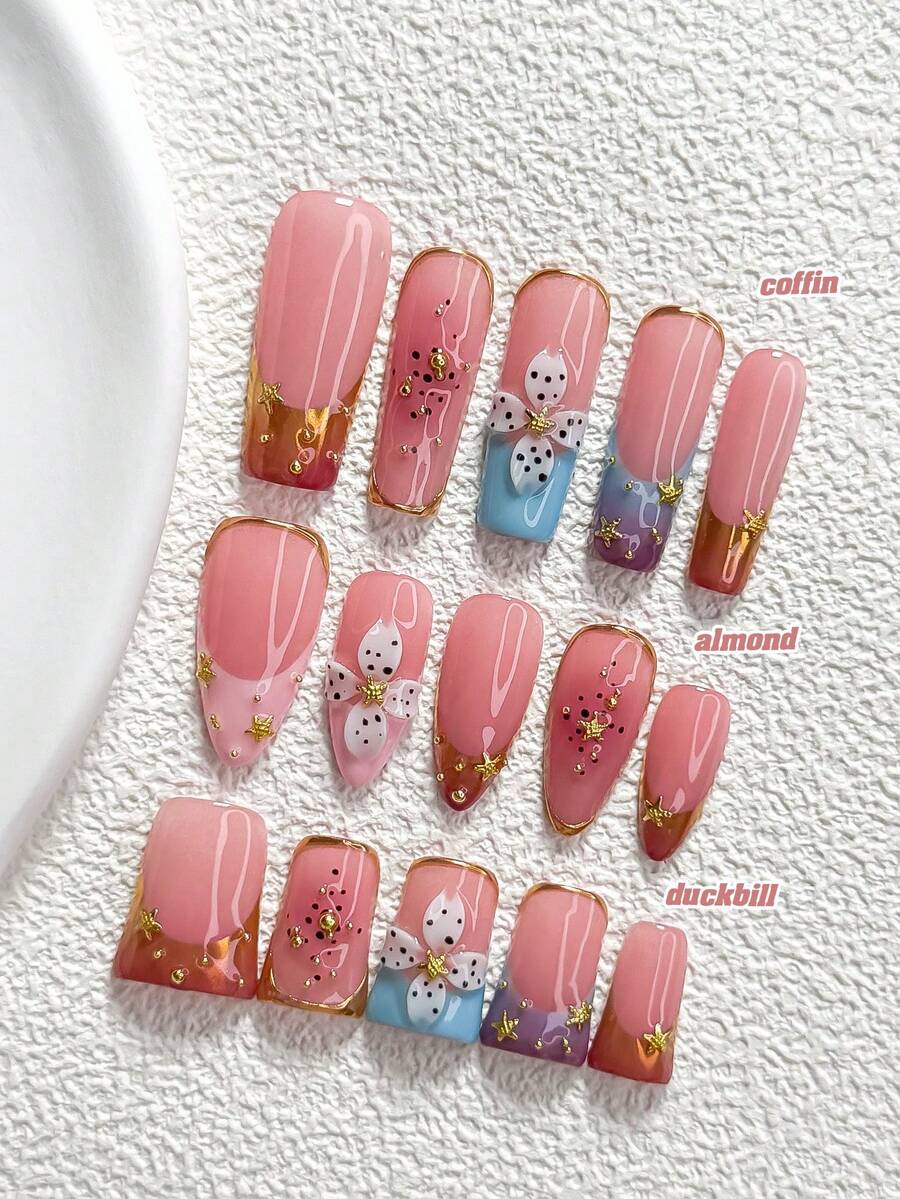 10Pcs Vintage Luxury Style Handmade Press On Nail,Polygel Nail Set,Trim French Tip,Pink And Orange Nail Polish,French Girly Aesthetic Style,Includes Nail Tools,3 Sizes Available,Almond Nails,Duck Nails,Coffin Nails For Party,Dance,Daily Wear. - 彩色 - 查看 1