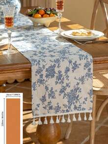 Vintage Landhausstil Tischläufer, saisonale Tischdekoration, Feiertagsparty, Geburtstag, Hochzeit, Esstisch, Couchtisch, Heimdekoration, blauer Rosenmuster rechteckiger Luxus Tischläufer mit Quasten - Mehrere Stile - Übersicht 13