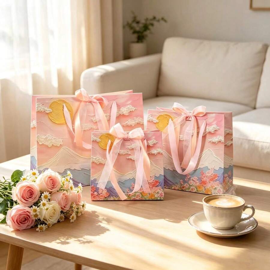 Elegant 3D Textured Oil Painting Gift Bag, Pink Floral Mountain Print Paper Gift Tote Bag With Silk Ribbon, Suitable For Bridal Party, Birthday, Holiday Gift Packaging
