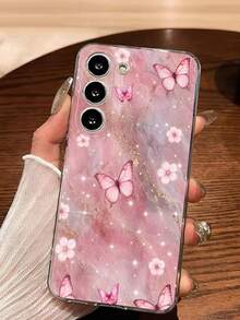 1pc Fashion Creative Pink Gold Marble Pattern Flower Butterfly Transparent Soft Protective Case Compatible With Huawei Honor Galaxy A04e/12/A13/A14/A34/A50/A52/A53/A54/S21/S22/S23/S24/S25/S25Ultra/S25FE/S26/S26 PLUS/S26 ULTRA/S26 EDGE/ 6A/7A/8A/ 12T/13T/15T/15 TPRO[International Version Not Local Version] - Clear - View 4