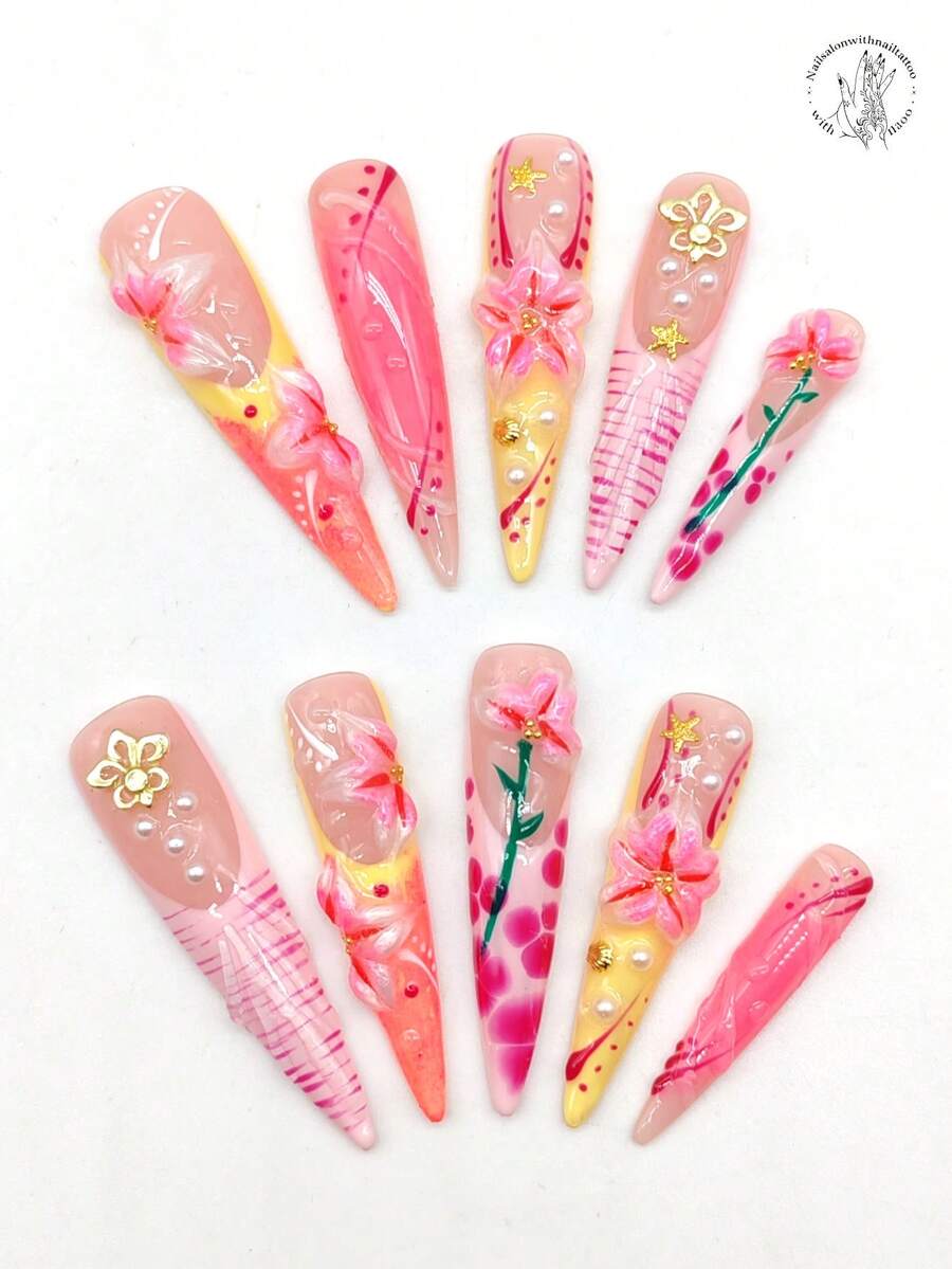 10pcs 55mm Handmade High Heel Nail Art Set, Decorated With Shells, Pearls, Flowers And Floral Crowns, Suitable For Women And Girls, Valentine's Day, Parties, Holidays And Daily Wear. Nail Art Accessories, Acrylic Nail Art Set, Including Set, Press-On Nails, Fake Nail Stickers And Nail Supplies. Press-On Nails - Multicolor - View 1