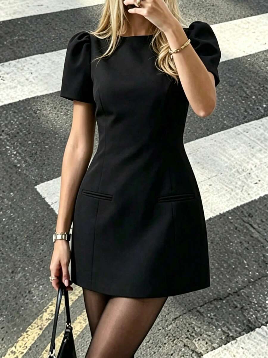DEEKA 春夏新款女式歐美風時尚優雅百褶口袋收腰短洋裝，黑色