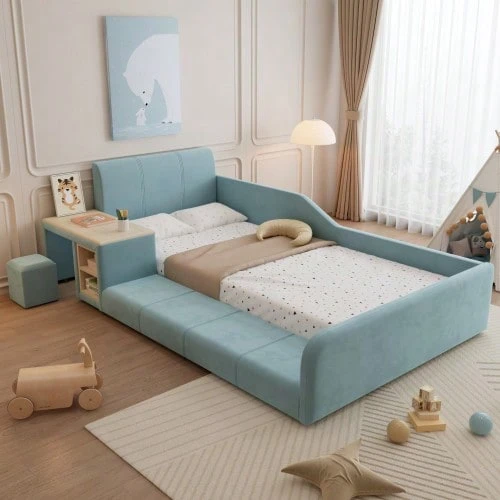 Upholstered Bed, Single Bed With Children's Desk And Stool, With Storage Shelf, Soft Headboard - 藍色 - 查看 1