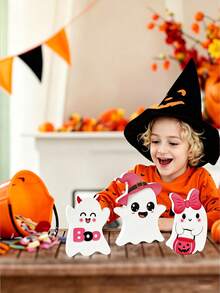 3pcs Cute Halloween Ghost PVC Desktop Decor, Pink Kawaii Ghost Ornament With Witch Hat, Pumpkin Bucket And Bow, Halloween Desktop Decoration, Spooky Holiday Home Decor, Shelf Display, Tiered Tray Decoration, Indoor Party Decor, Cute Halloween Gift Room Decor Halloween Decor - A - View 5
