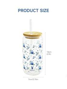 16oz MEOKY Patterned Glass Tumbler With Lid & Straw, Heat-Resistant Borosilicate Cup. Wide Mouth For Ice. Ideal Kitchenware For Home, School & Office Coffee. A Charming Gift For Her. - Dark Blue Small Blue Flower - View 3