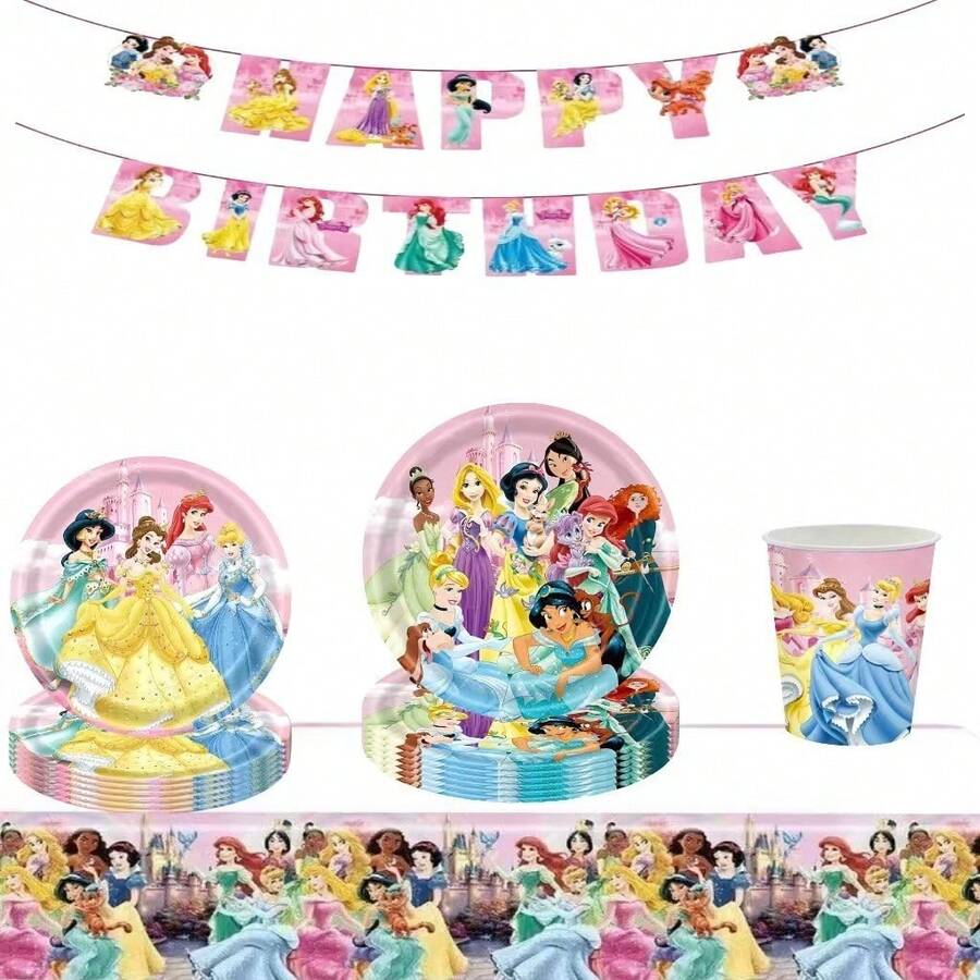 Hasbro Princess Theme Birthday Party Supplies Set, Happy Birthday Banner, 9 Inch Paper Plates, Paper Cups, Napkins, Disposable Tablecloth, Cartoon Princess Birthday Table Decoration Set - Multicolor - View 1