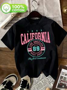 Camiseta de mujer de 1 pieza, confeccionada en 100% algodón con estampado retro de California, diseño vintage de Los Ángeles, estilo casual y holgado, ideal para el verano. - Negro - Ver 1